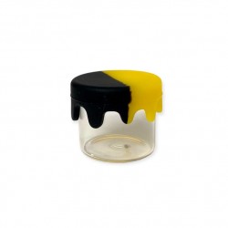 Glass jar for wax. Silicone drip effect lid - black and yellow. Wholesale